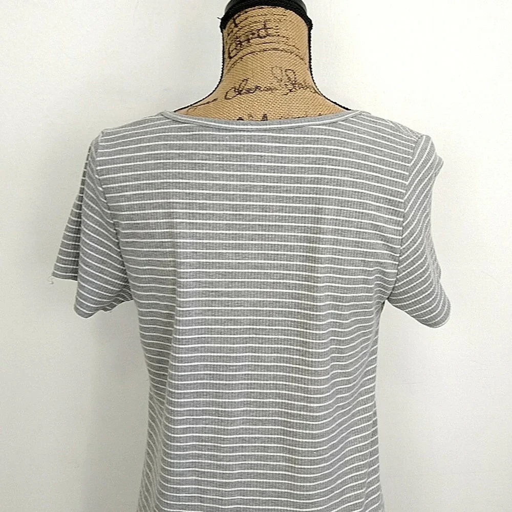 LuLaRoe Ribbed Top Women Medium Grey White Striped Short Sleeve Scoop Neck